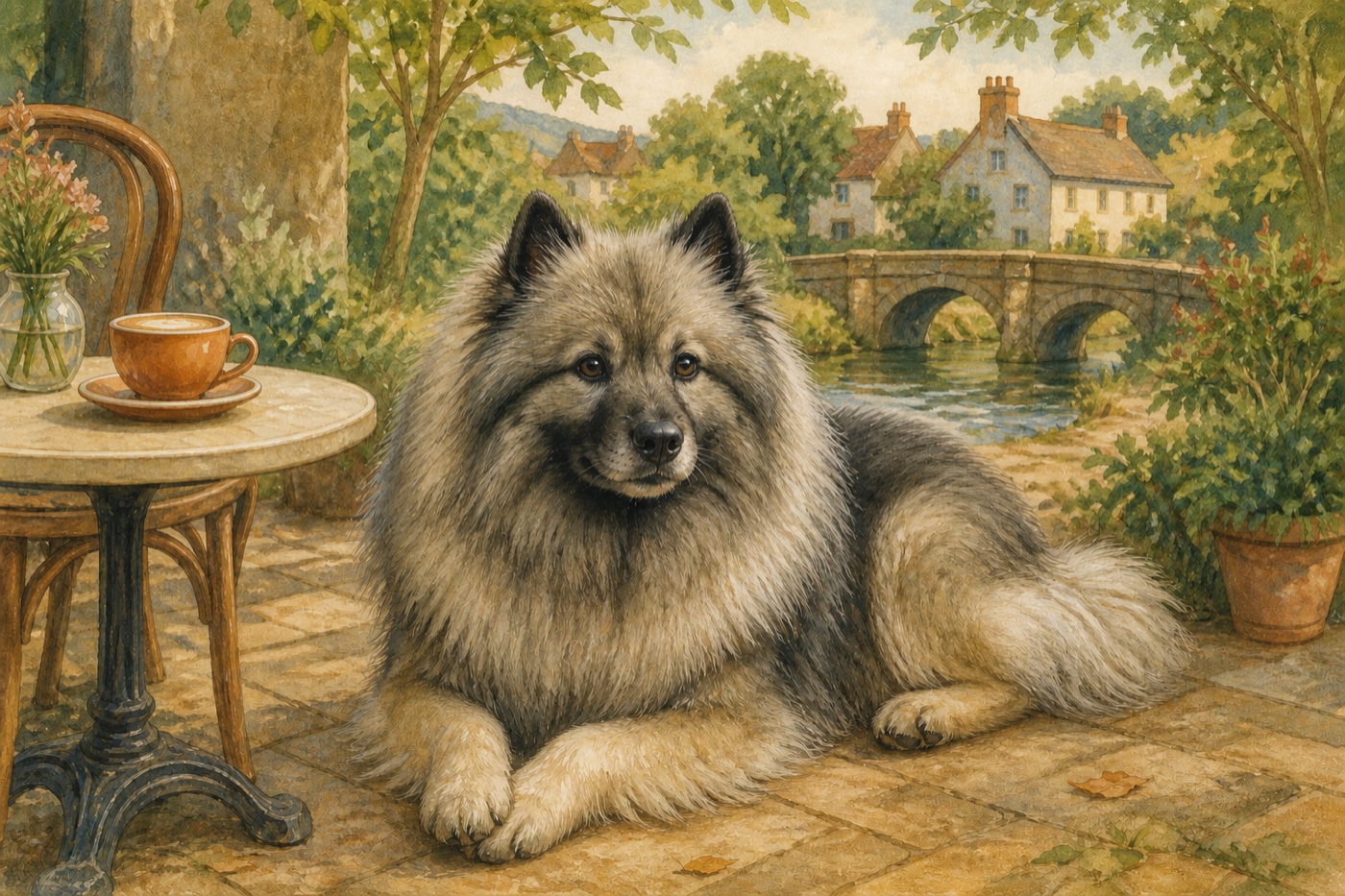 Watercolour illustration of a Keeshond in a Shropshire-inspired setting