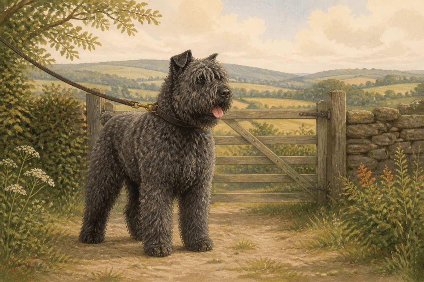 Watercolour illustration of a Bouvier des Flandres in a Shropshire-inspired setting