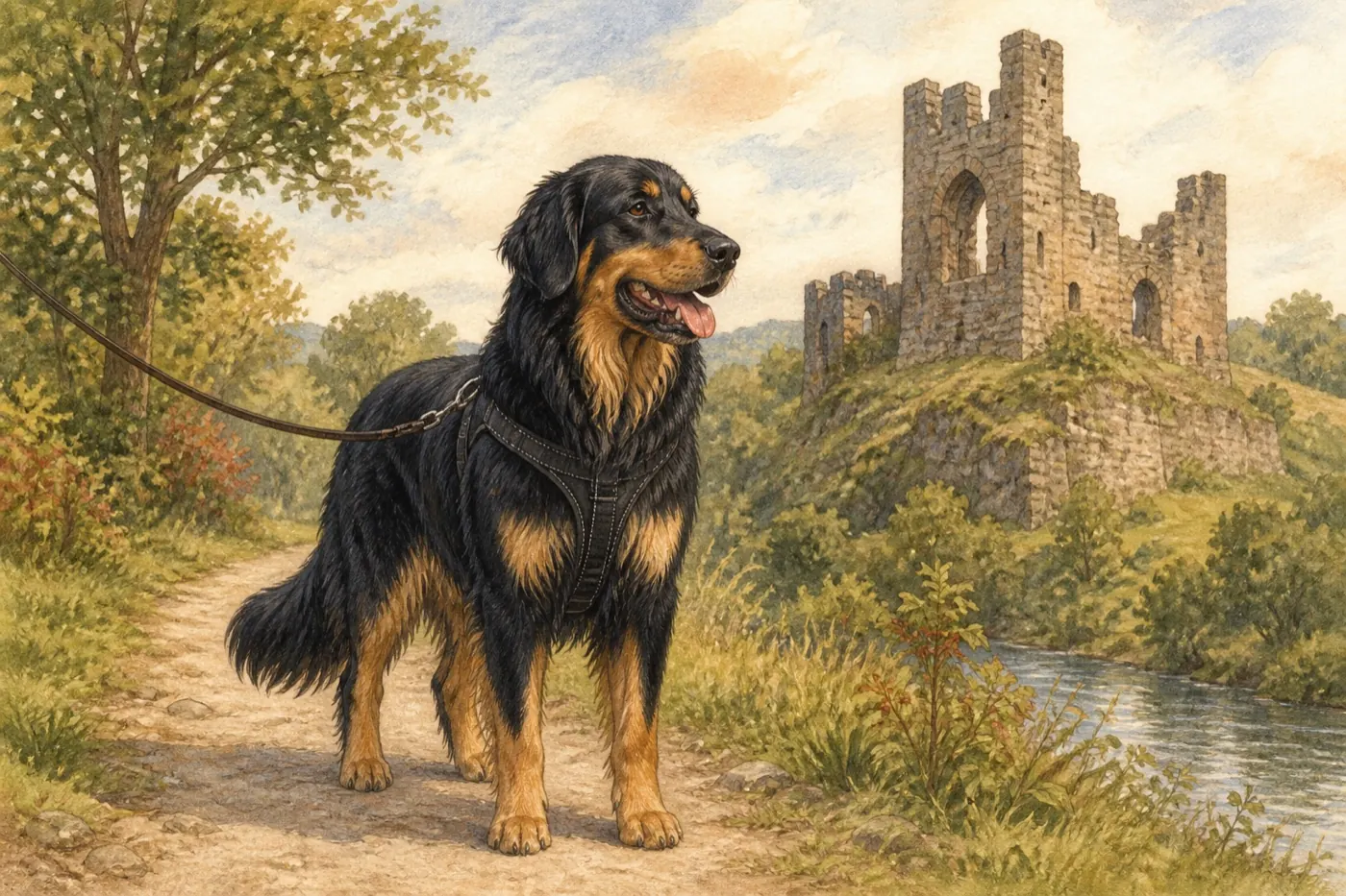 Watercolour illustration of a dog on a day out in Shropshire