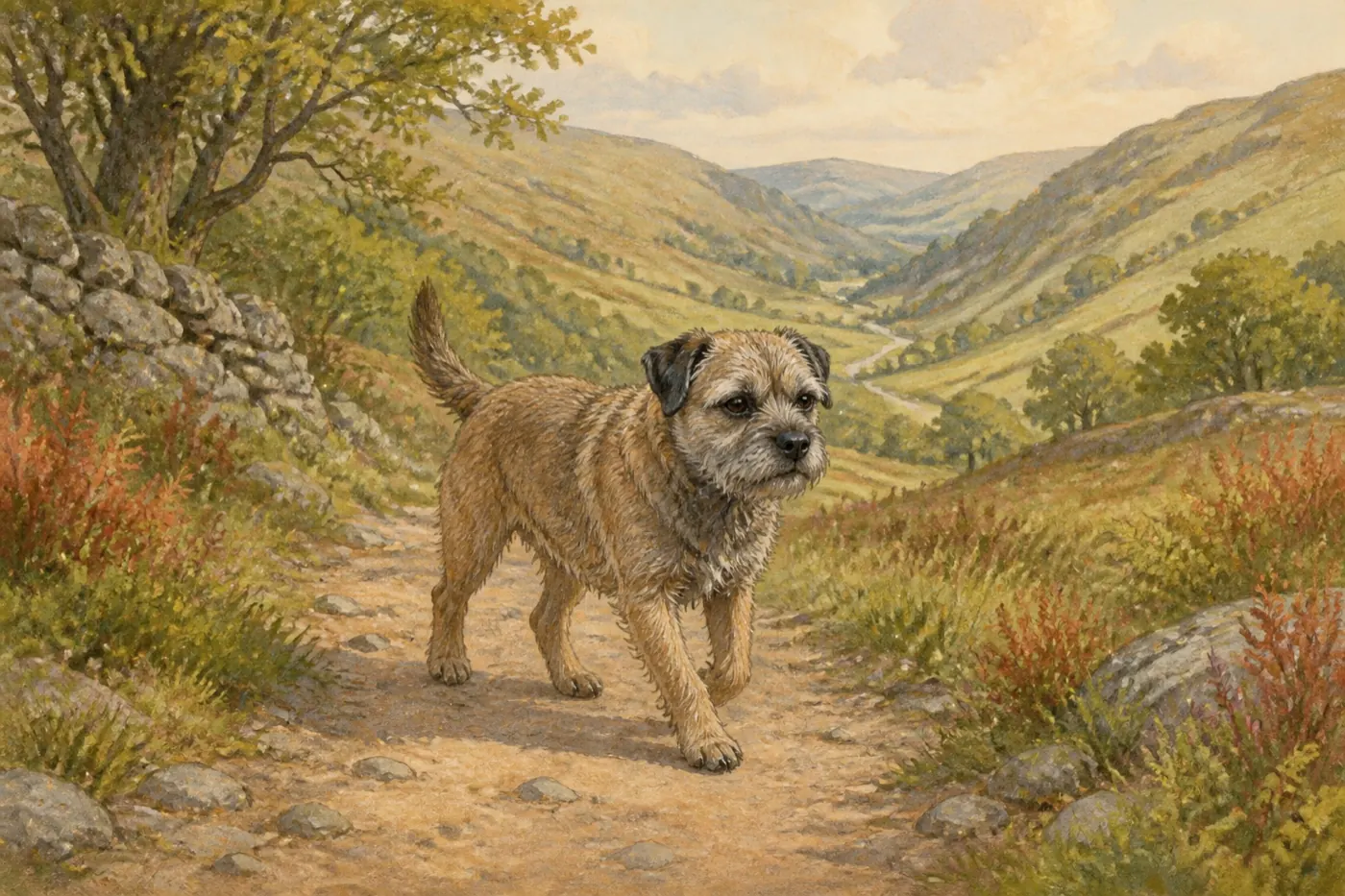 Watercolour illustration of a border terrier walking in the Shropshire Hills