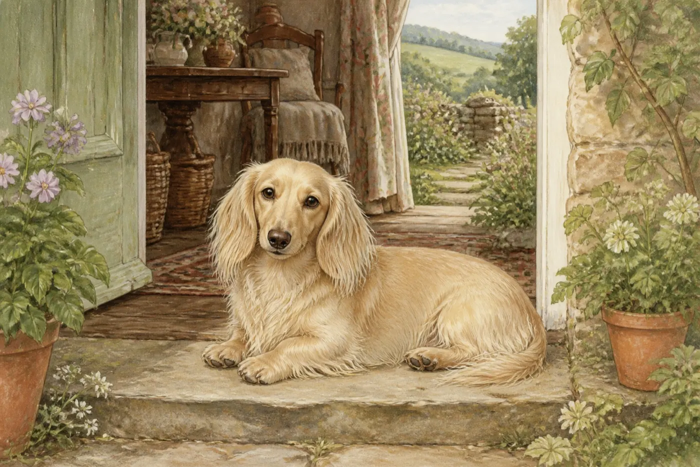 Watercolour illustration of a long-haired blonde dachshund in a Shropshire-inspired setting