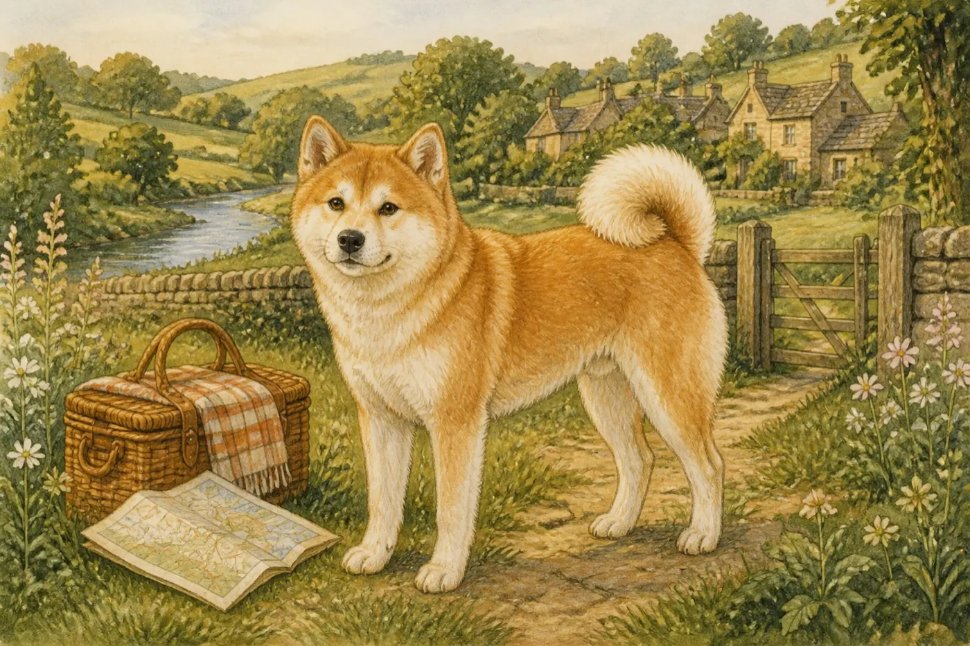 Watercolour illustration of a Japanese Akita in a Shropshire-inspired setting