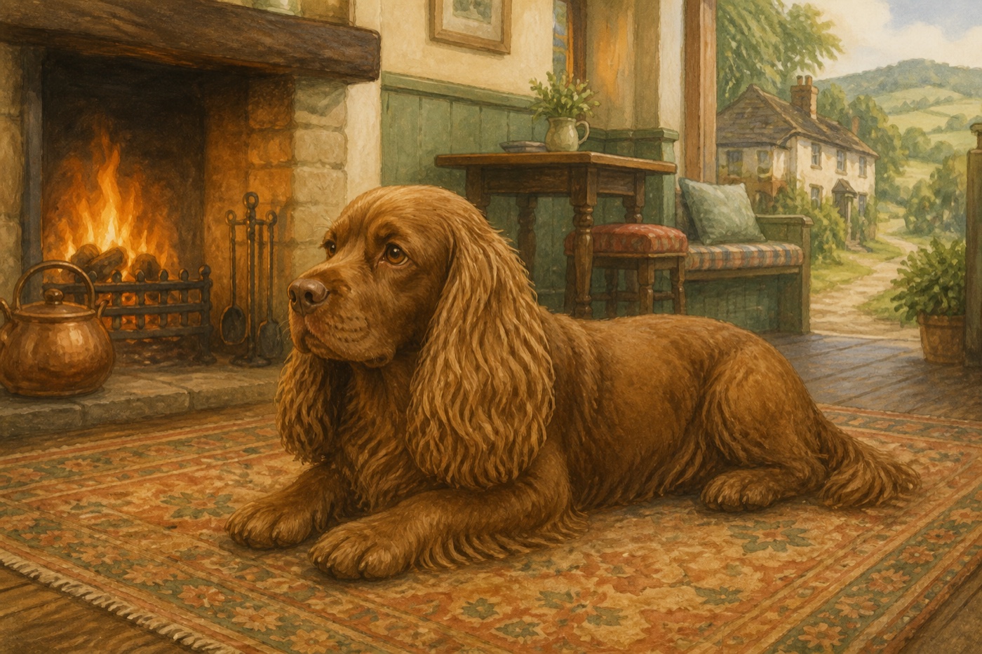 Watercolour illustration of a Sussex Spaniel in a Shropshire-inspired setting