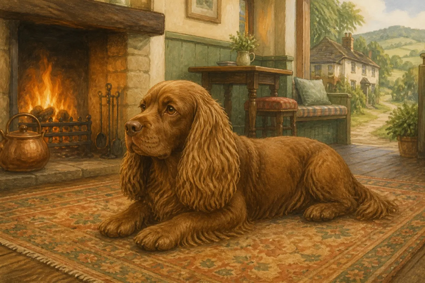 Watercolour illustration of a Sussex Spaniel in a Shropshire-inspired setting