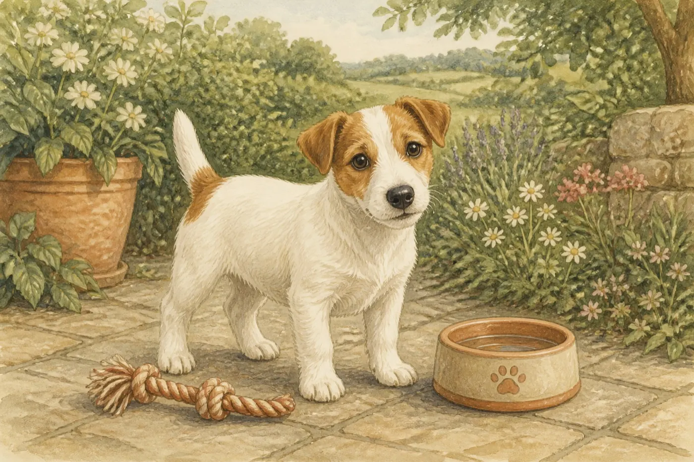Watercolour illustration of a Jack Russell in a Shropshire-inspired setting