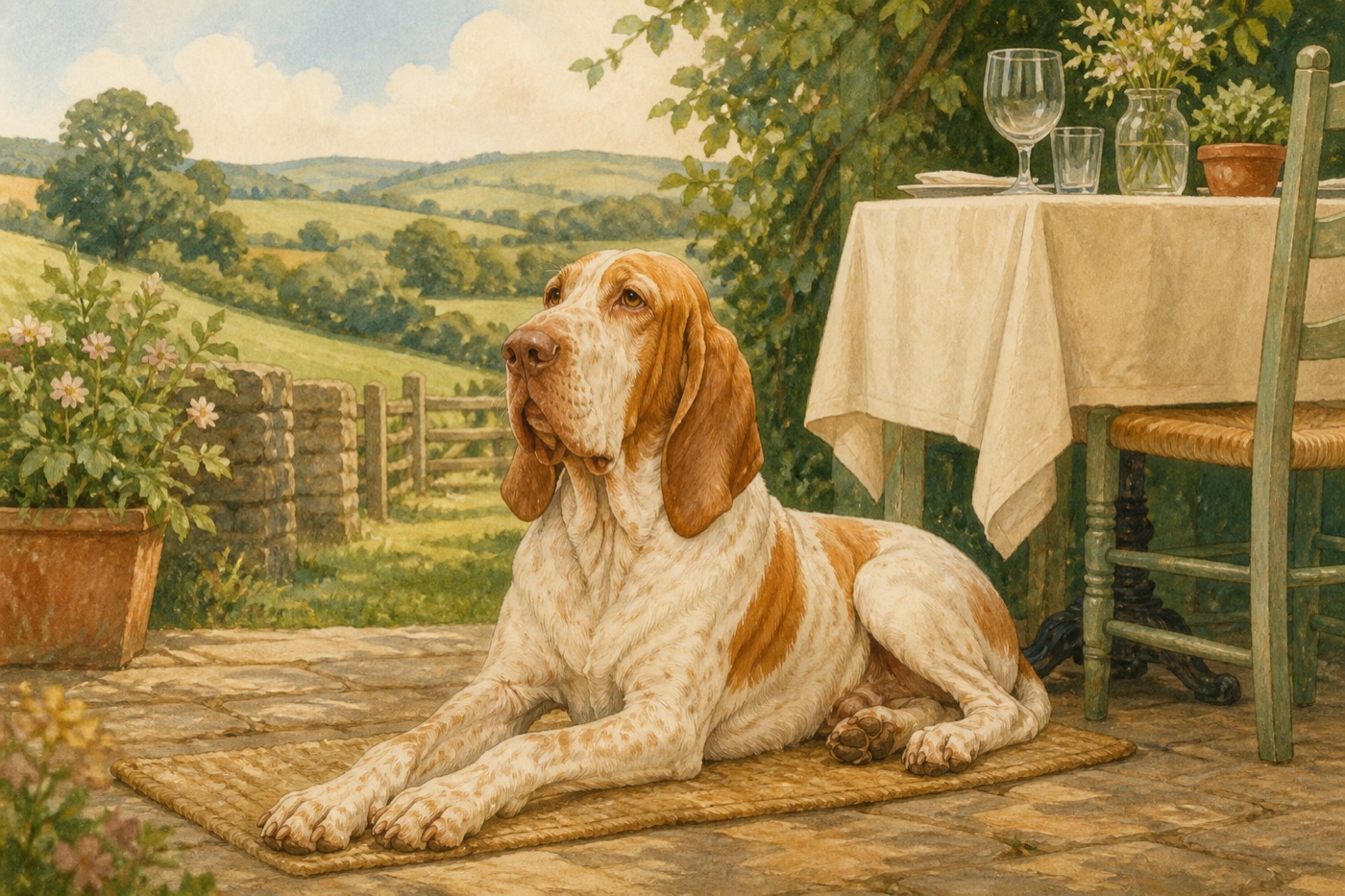 Watercolour illustration of a Bracco Italiano in a Shropshire-inspired setting