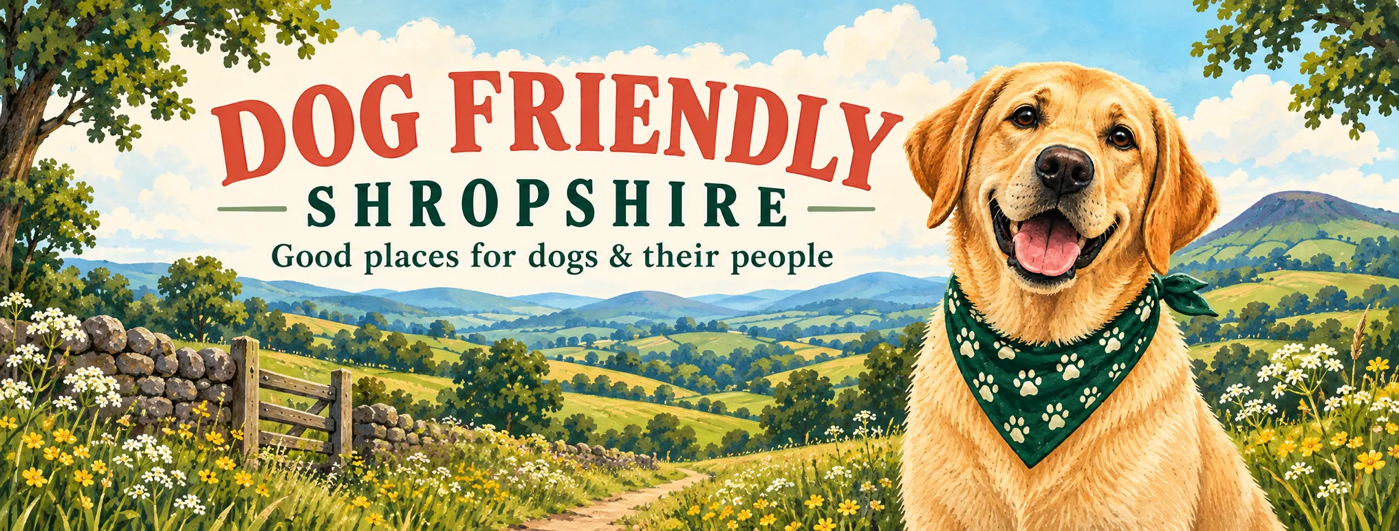 Dog Friendly Shropshire — illustrated with a yellow Labrador in the Shropshire countryside