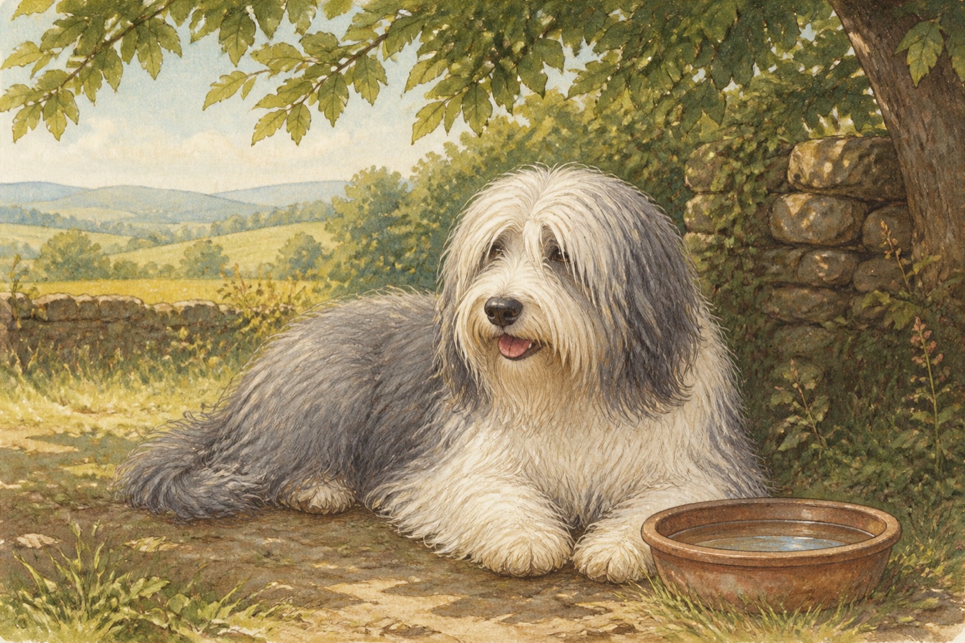 Watercolour illustration of a Polish Lowland Sheepdog in a Shropshire-inspired setting