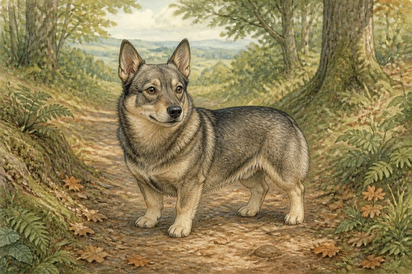 Watercolour illustration of a Swedish Vallhund on a woodland trail