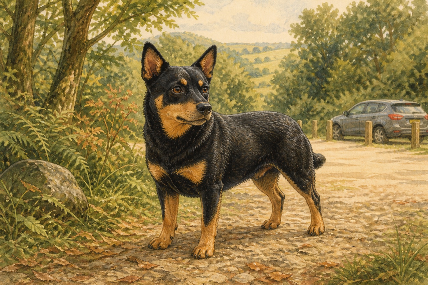 Watercolour illustration of a Lancashire Heeler in a Shropshire-inspired setting