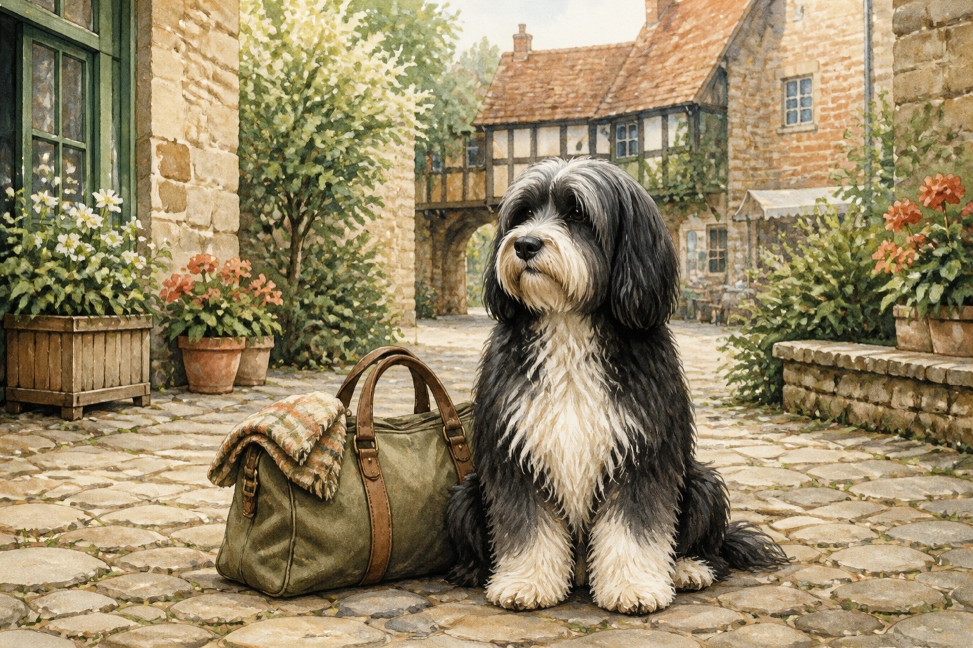 Watercolour illustration of a Tibetan Terrier in a Shropshire-inspired setting