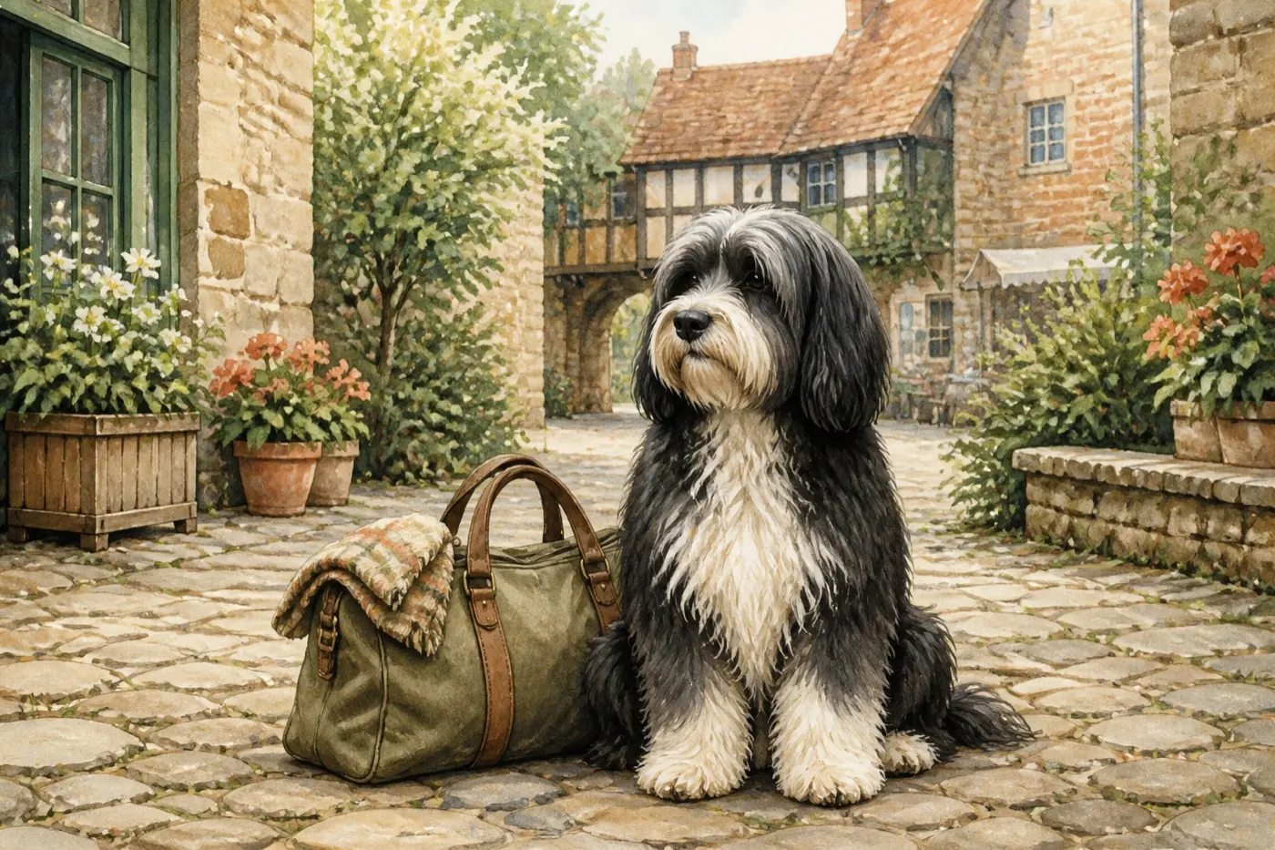 Watercolour illustration of a dog beside a Shropshire riverside landscape